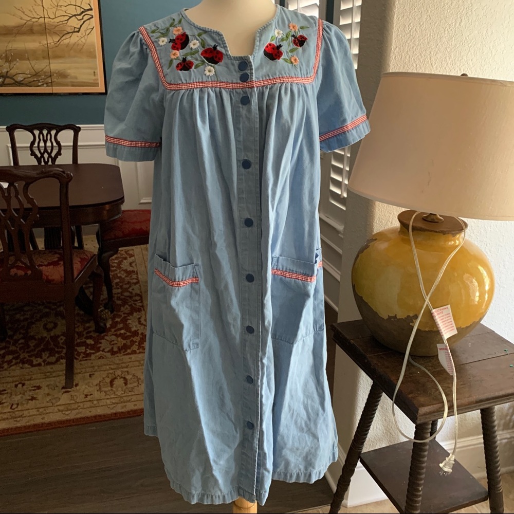 Go Softly Embroidered Lady Bug Ric Rac Pockets Chambray Denim Patio Dress Small